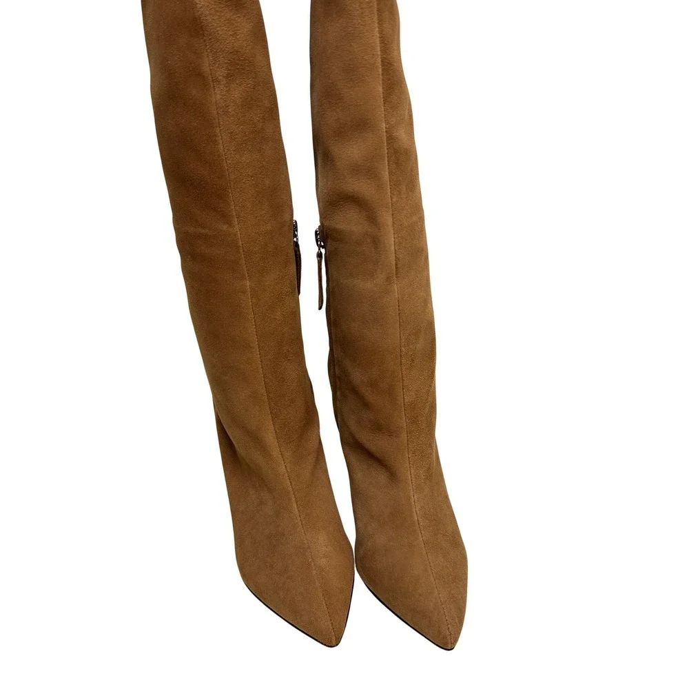Schutz Anamaria Wood Brown Suede Pointed Toe Stiletto Heel Over The Knee Boot 7B